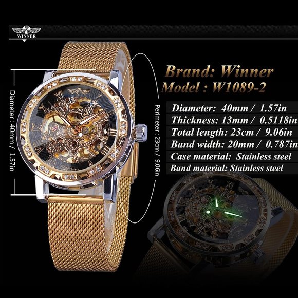 Retro Manual Mechanical Skeleton Watch with Diamond and Carving Flower, Gold-W - Picture 6 of 6